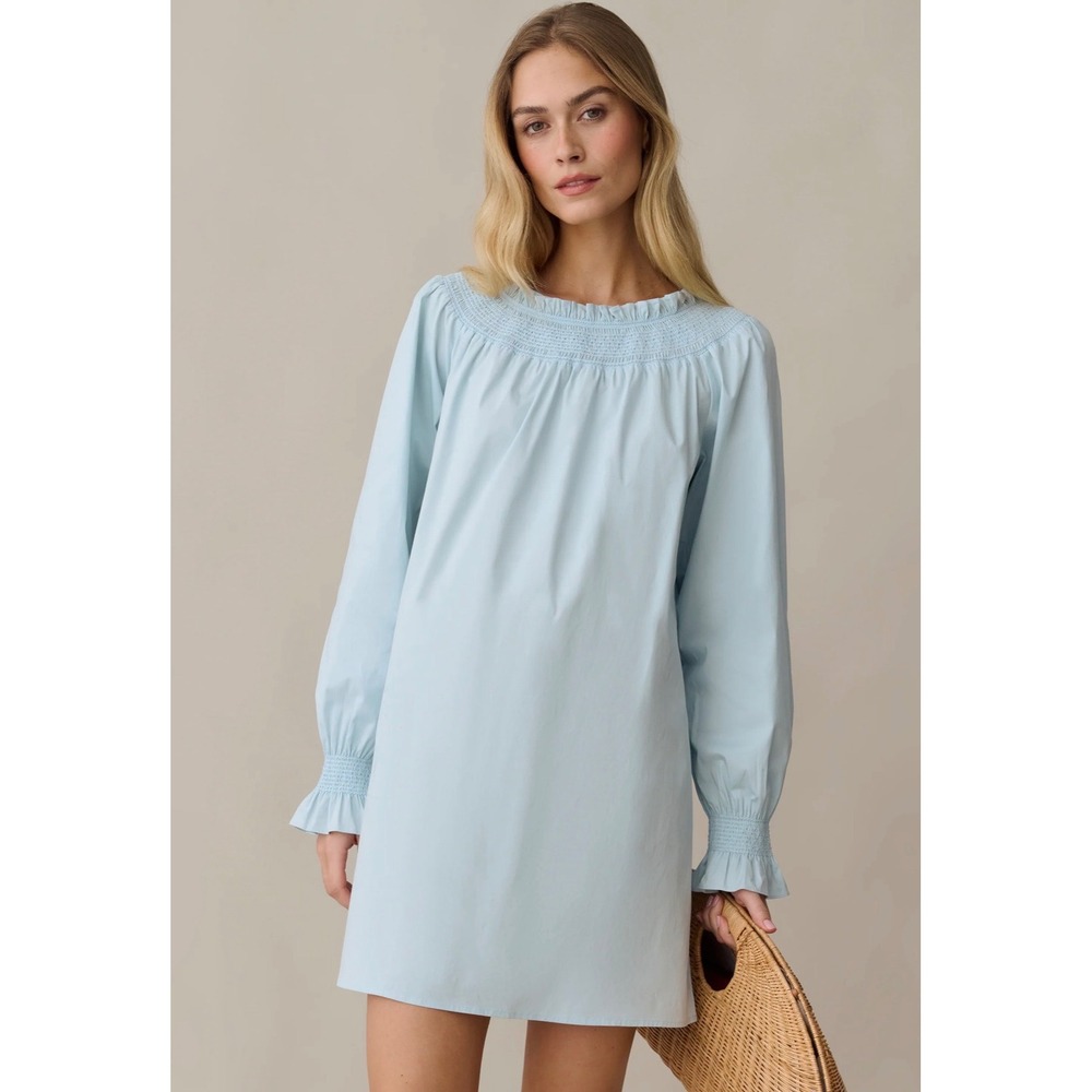 Few Moda Sorella Blue Smocked Off Shoulder Long Sleeve Poplin Mini Dress Large